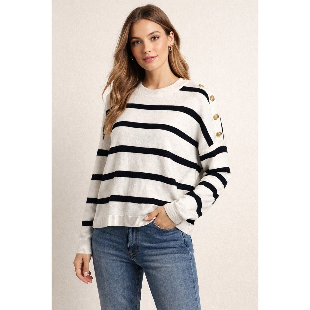 Cyrus- Black and white Striped Button Shoulder Crew Neck Sweater Large C082420TJ
